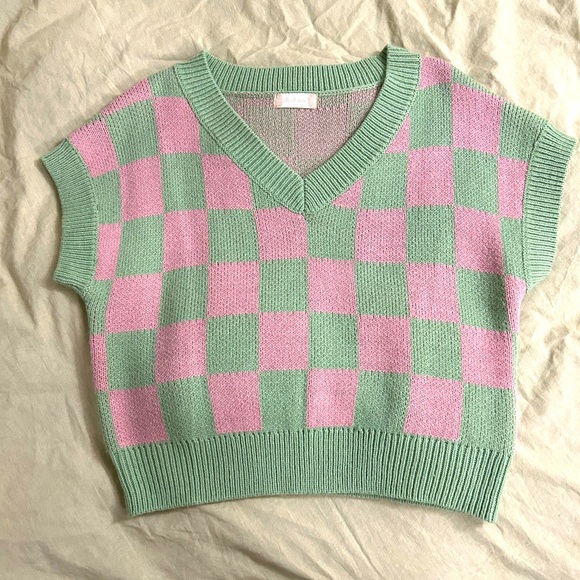 Altar'd State Sweaters - Oversized Green and Pink Checkered Vest from Altar’d State